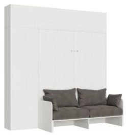 Armoire Lit 120x190 Cm Escamotable Avec Colonne De Rangement Et éléments Hauts Avec Mobilier Bois Frêne Blanc Kanto