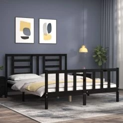 Cadre De Lit Avec Tête De Lit Noir King Size Bois Massif -Magasin De Meubles De Chambre À Coucher cadre de lit avec tete de lit noir king size bois massif 3666722941099 1501522