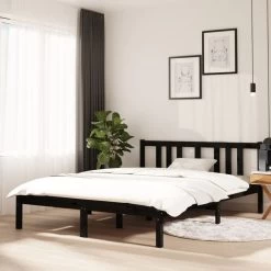 Cadre De Lit Noir Bois Massif 135x190 Cm Double