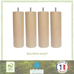 Jeu De Pieds Cylindriques En Bois Ø 6,2 Cm - H 24,5 Cm - Lot De 4