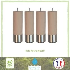 Jeu De Pieds Cylindriques En Bois Et Inox Brossé Ø 6 Cm - H 14,5 Cm - Lot De 4