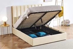 Lit 160x200 Cm Avec Coffre De Rangement Et Tête De Lit Velours Beige Et Laiton Pika -Magasin De Meubles De Chambre À Coucher lit 160x200 cm avec coffre de rangement et tete de lit velours beige et laiton pika 685587