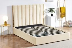 Lit 160x200 Cm Avec Coffre De Rangement Et Tête De Lit Velours Beige Et Laiton Pika -Magasin De Meubles De Chambre À Coucher lit 160x200 cm avec coffre de rangement et tete de lit velours beige et laiton pika 685589