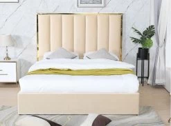 Lit 160x200 Cm Avec Coffre De Rangement Et Tête De Lit Velours Beige Et Laiton Posta