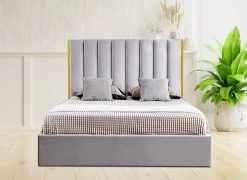 Lit 160x200 Cm Avec Coffre De Rangement Et Tête De Lit Velours Gris Et Laiton Pika