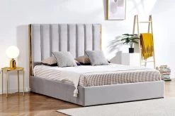 Lit 160x200 Cm Avec Coffre De Rangement Et Tête De Lit Velours Gris Et Laiton Pika -Magasin De Meubles De Chambre À Coucher lit 160x200 cm avec coffre de rangement et tete de lit velours gris et laiton pika 685609
