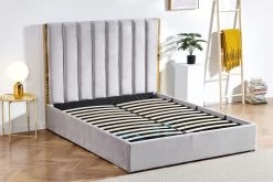 Lit 160x200 Cm Avec Coffre De Rangement Et Tête De Lit Velours Gris Et Laiton Pika -Magasin De Meubles De Chambre À Coucher lit 160x200 cm avec coffre de rangement et tete de lit velours gris et laiton pika 685610