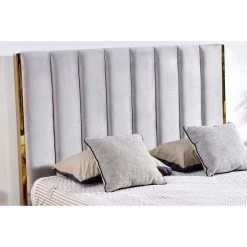 Lit 160x200 Cm Avec Coffre De Rangement Et Tête De Lit Velours Gris Et Laiton Pika -Magasin De Meubles De Chambre À Coucher lit 160x200 cm avec coffre de rangement et tete de lit velours gris et laiton pika 685613