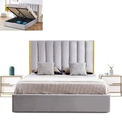 Lit 160x200 Cm Avec Coffre De Rangement Et Tête De Lit Velours Gris Et Laiton Pika -Magasin De Meubles De Chambre À Coucher lit 160x200 cm avec coffre de rangement et tete de lit velours gris et laiton pika 685614