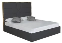 Lit 180x200 Cm Avec Coffre De Rangement Et Tête De Lit Simili Gris Et Laiton Delhie