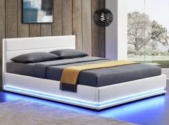 Lit à Led Avec Coffre De Rangement Similicuir Blanc Dina 160x200 Cm