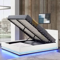 Lit à Led Avec Coffre De Rangement Similicuir Blanc Dina 180x200 Cm -Magasin De Meubles De Chambre À Coucher lit a led avec coffre de rangement similicuir blanc dina 180x200 cm 3666722588645 225036