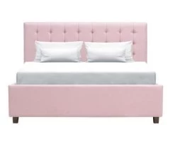 Lit Adulte 140 X 190 Cm + Coffre De Rangement - Tissu Rose Pastel - Sommier Inclus - EMILY