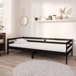 Lit Avec Matelas 90x200 Cm Noir Bois De Pin Massif 5