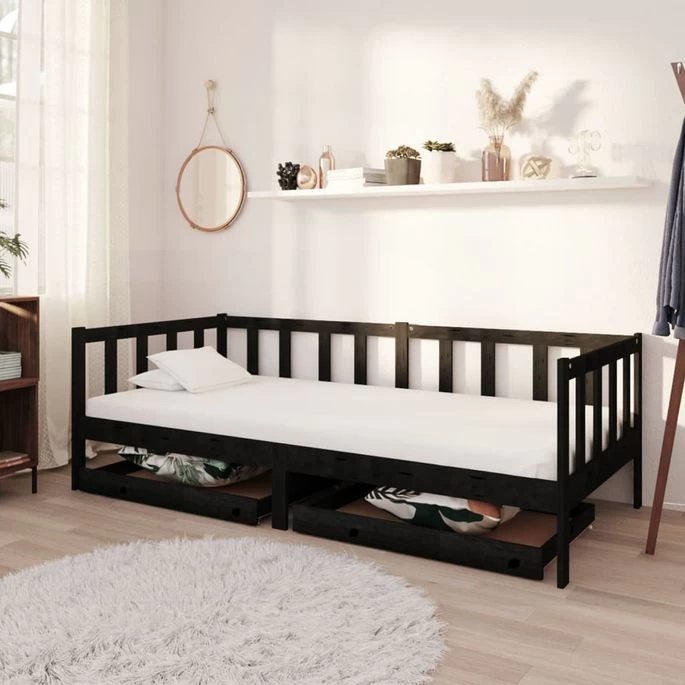 Lit Avec Tiroirs 90x200 Cm Noir Bois De Pin Massif 2 3 Lit Avec Tiroirs 90x200 Cm Noir Bois De Pin Massif 2