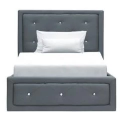 Lit Capitonné 90 X 190 Cm + Coffre De Rangement - Simili Gris - VIRGINIA