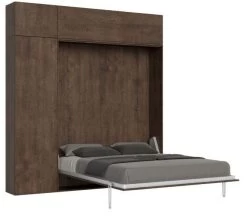 Lit Escamotable 120x190 Cm Avec 1 Colonne De Rangement 2 Meubles Hauts Bois Noyer Kanto