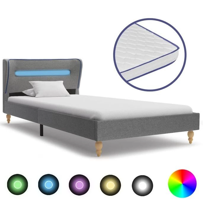 Lit LED Et Matelas à Mémoire De Forme Gris Clair Tissu 90x200cm 3 Lit LED Et Matelas à Mémoire De Forme Gris Clair Tissu 90x200cm