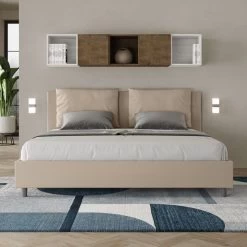 Lit Moderne 200x200 Cm Avec Tête De Lit Coussins Simili Cuir Beige Anja -Magasin De Meubles De Chambre À Coucher lit moderne 200x200 cm avec tete de lit coussins simili cuir beige anja 8058994011450 1313841