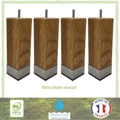 Lot De 4 Pieds De Lit Carrés Chene Huilé Et Bague Inox - 6 Cm X 6 Cm - H 19 Cm