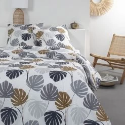 Parure De Lit Sunshine - 2 Personnes - 220 X 240 Cm - 100% Coton - Blanc Motif Tropical - TODAY