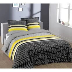 VISION Parure De Couette Lisa - 100% Coton - 1 Housse De Couette 140 X 200 Cm + 1 Taie D'oreiller 65 X 65 Cm - Jaune Et Gris