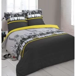 VISION Parure De Couette New York - 100% Coton - 1 Housse De Couette 220 X 240 Cm + 2 Taies D'oreiller 65 X 65 Cm - Gris Et Jaune